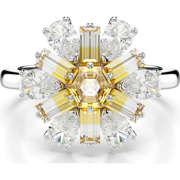 Idyllia cocktail ring, Mixed cuts, Flower, Yellow, Rhodium plated