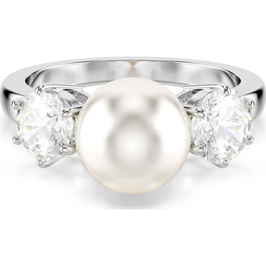 A rhodium-plated ring with a central white pearl and two round-cut crystals on either side.