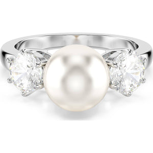 Matrix ring, Crystal pearl, Round cut, White, Rhodium plated