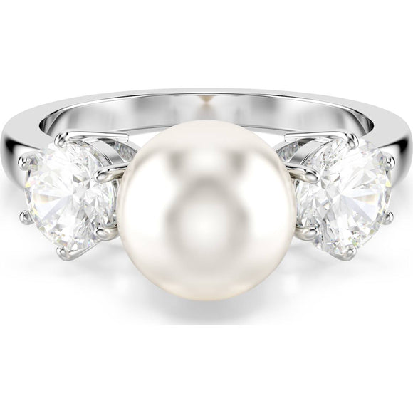Matrix ring, Crystal pearl, Round cut, White, Rhodium plated