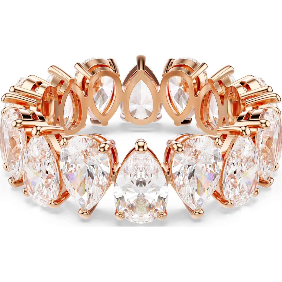 Rose gold ring with pear-shaped gemstones on a white background