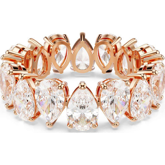 Rose gold ring with pear-shaped gemstones on a white background