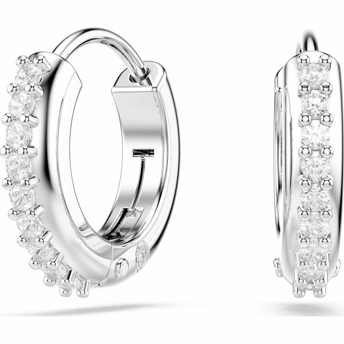 A pair of rhodium-plated hoop earrings with round cuts, encrusted with white Swarovski crystals.