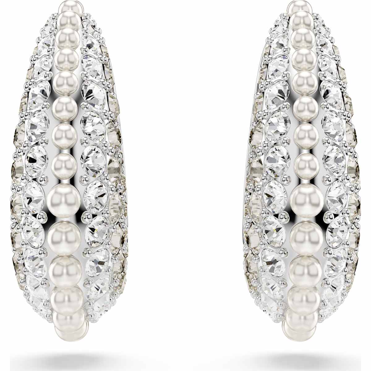 A pair of rhodium-plated drop earrings with crystal pearls and round cuts.