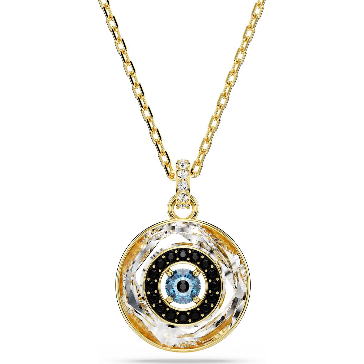 A gold-tone plated pendant necklace with a multicolored evil eye design on a chain.