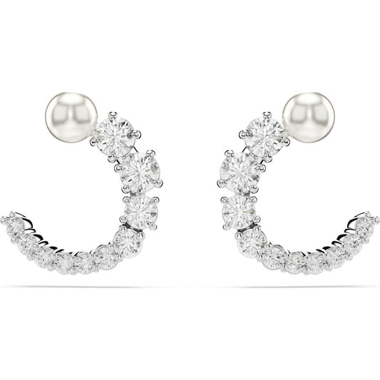 Matrix hoop earrings, Crystal pearl, Round cut, White, Rhodium plated 5692260
