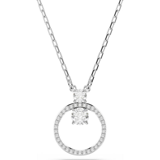 A rhodium-plated silver pendant with a round cut white crystal, attached to a silver chain.