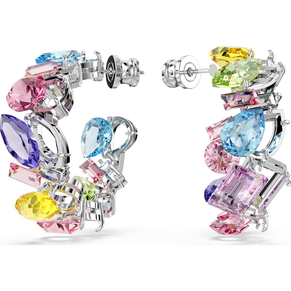Gema hoop earrings, Asymmetrical design, Mixed cuts, Small, Multicolored, Rhodium plated 5692412