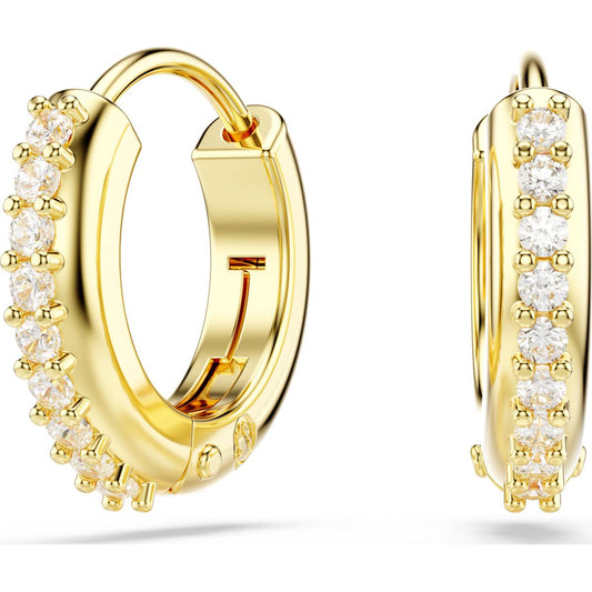 A pair of gold-tone plated hoop earrings with round cuts and encrusted with white Swarovski crystals.
