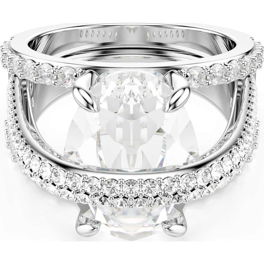 A white rhodium-plated cocktail ring with mixed cuts of crystal set in a band, featuring a prominent central diamond surrounded by smaller ones, all encased in a rhodium-plated band.