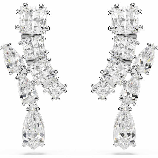 Matrix drop earrings, Mixed cuts, White, Rhodium plated 5700418