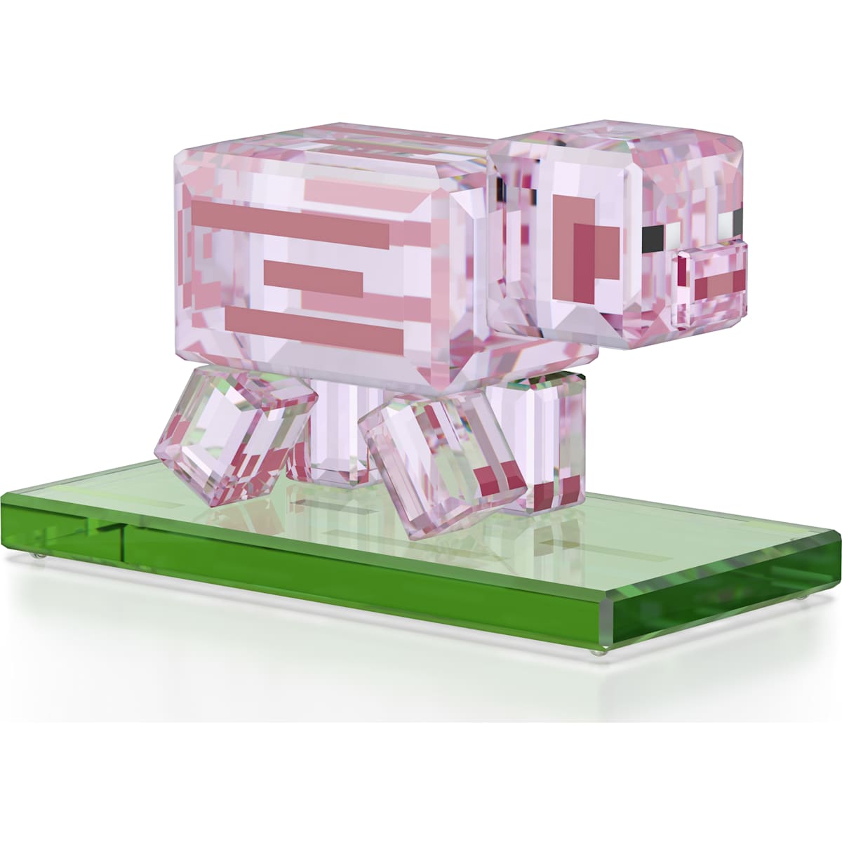 Pink and clear pixelated character on a green base with a white background