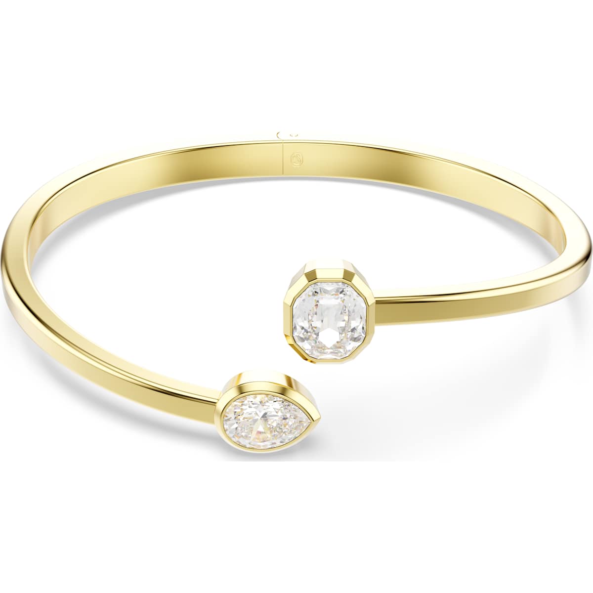 A gold-tone plated bangle bracelet with pear- and octagon-cut Swarovski Zirconia set in a modern bezel design.