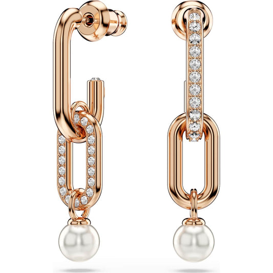 Swarovski Constella drop earrings with rose gold-tone links, clear crystals, and white crystal pearl drops.