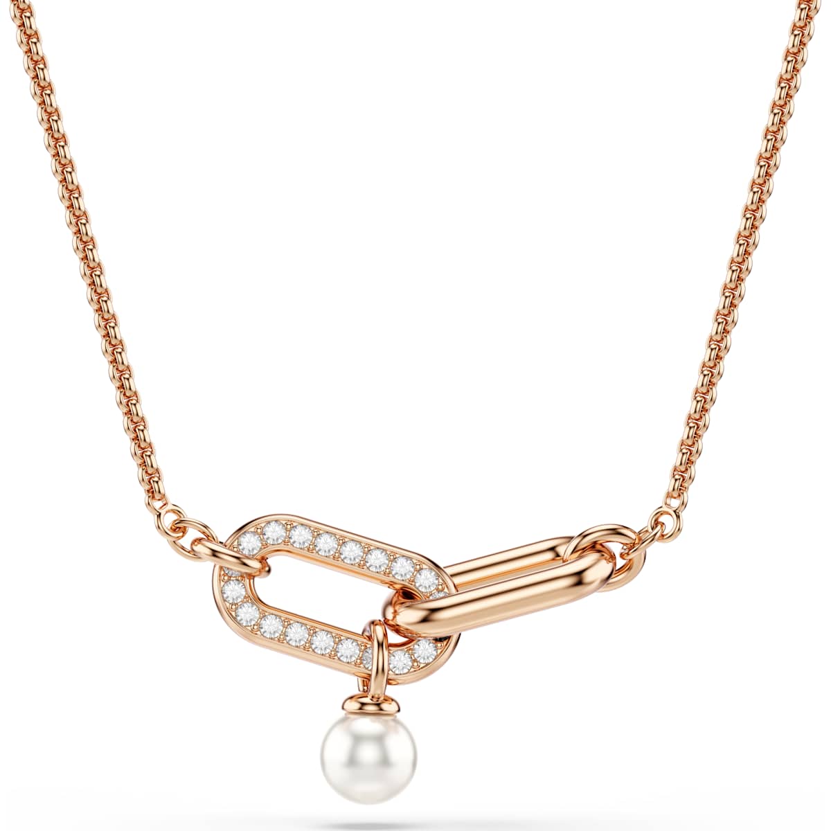 Close-up of the Swarovski Constella pendant necklace with a rose gold-tone chain, two interlocking oval links, one set with clear pavé stones, and a dangling white pearl.