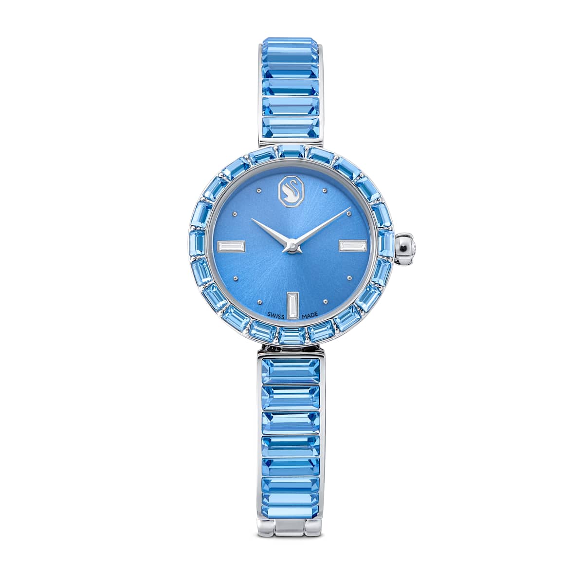 Blue gemstone-encrusted watch on a white background