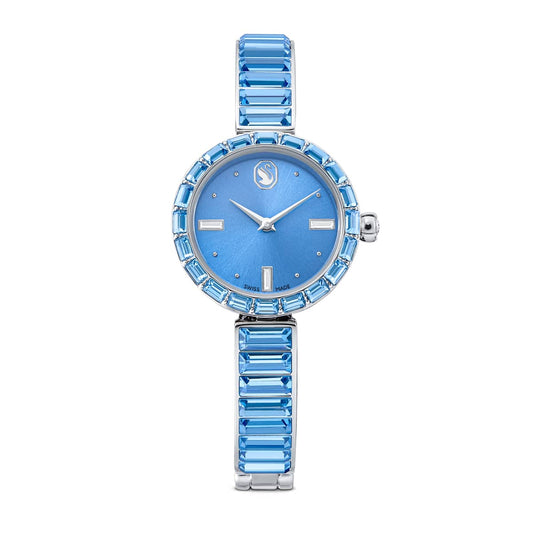 Blue gemstone-encrusted watch on a white background