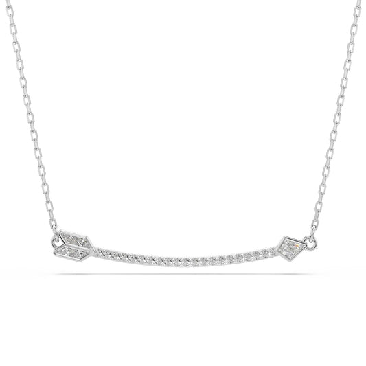 Silver necklace with diamond accents on a white background
