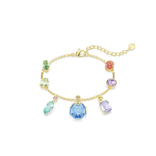 Gold bracelet with colorful gemstones on a white background