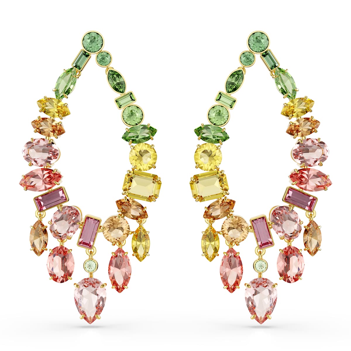 Multicolored gemstone earrings on a white background