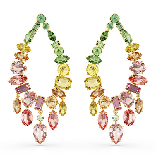 Multicolored gemstone earrings on a white background