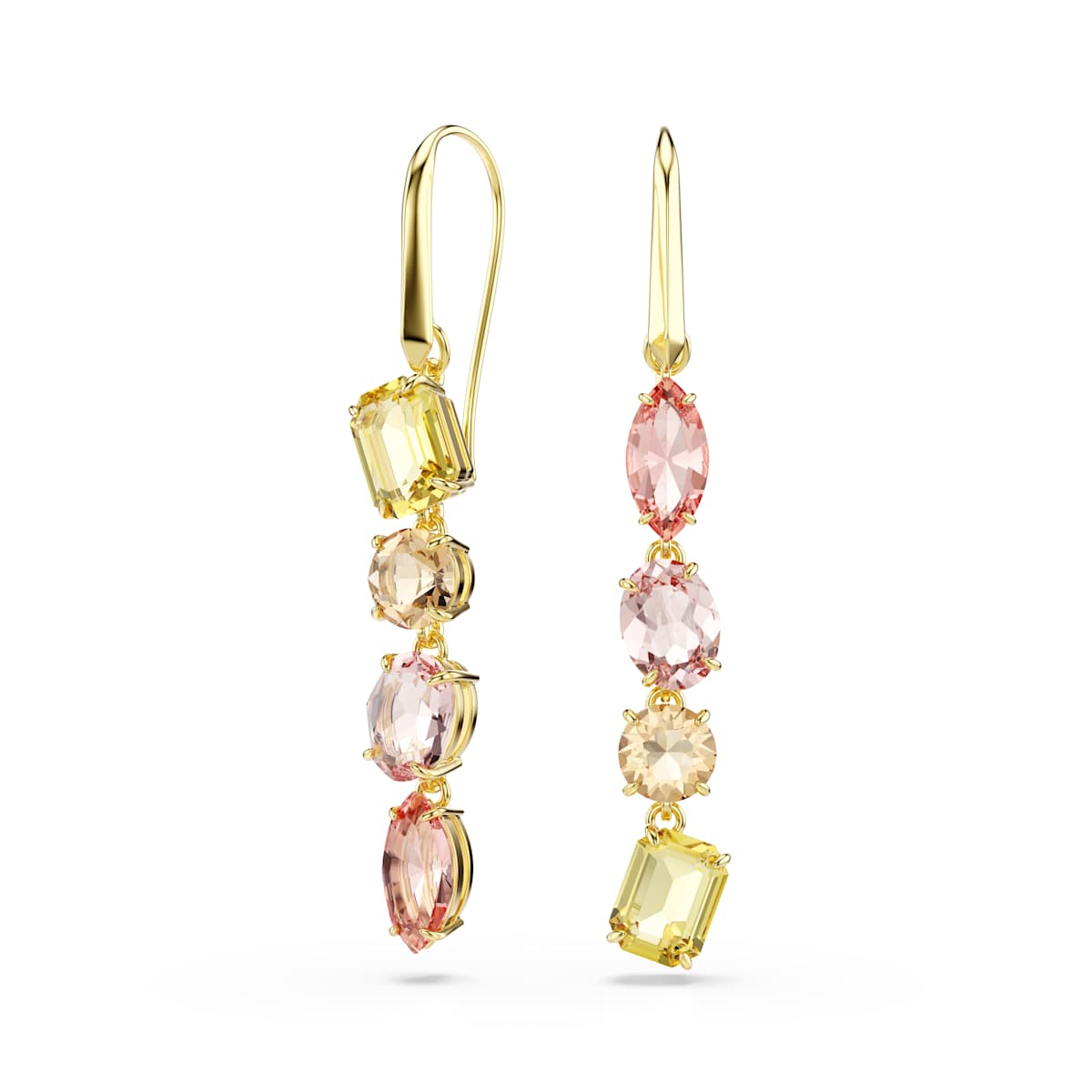 Gold earrings with multicolored gemstones on a white background
