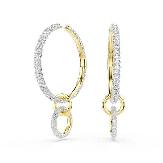 Dextera hoop earrings, Round cut, White, Gold-tone plated