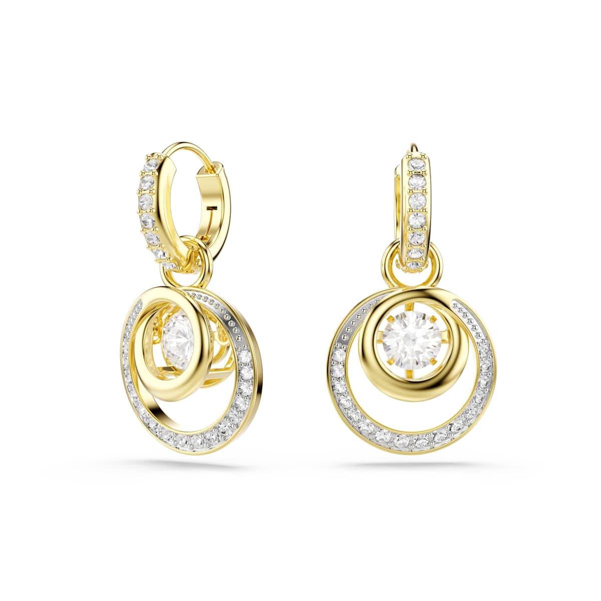 Hyperbola drop earrings, Round cut, White, Gold-tone plated