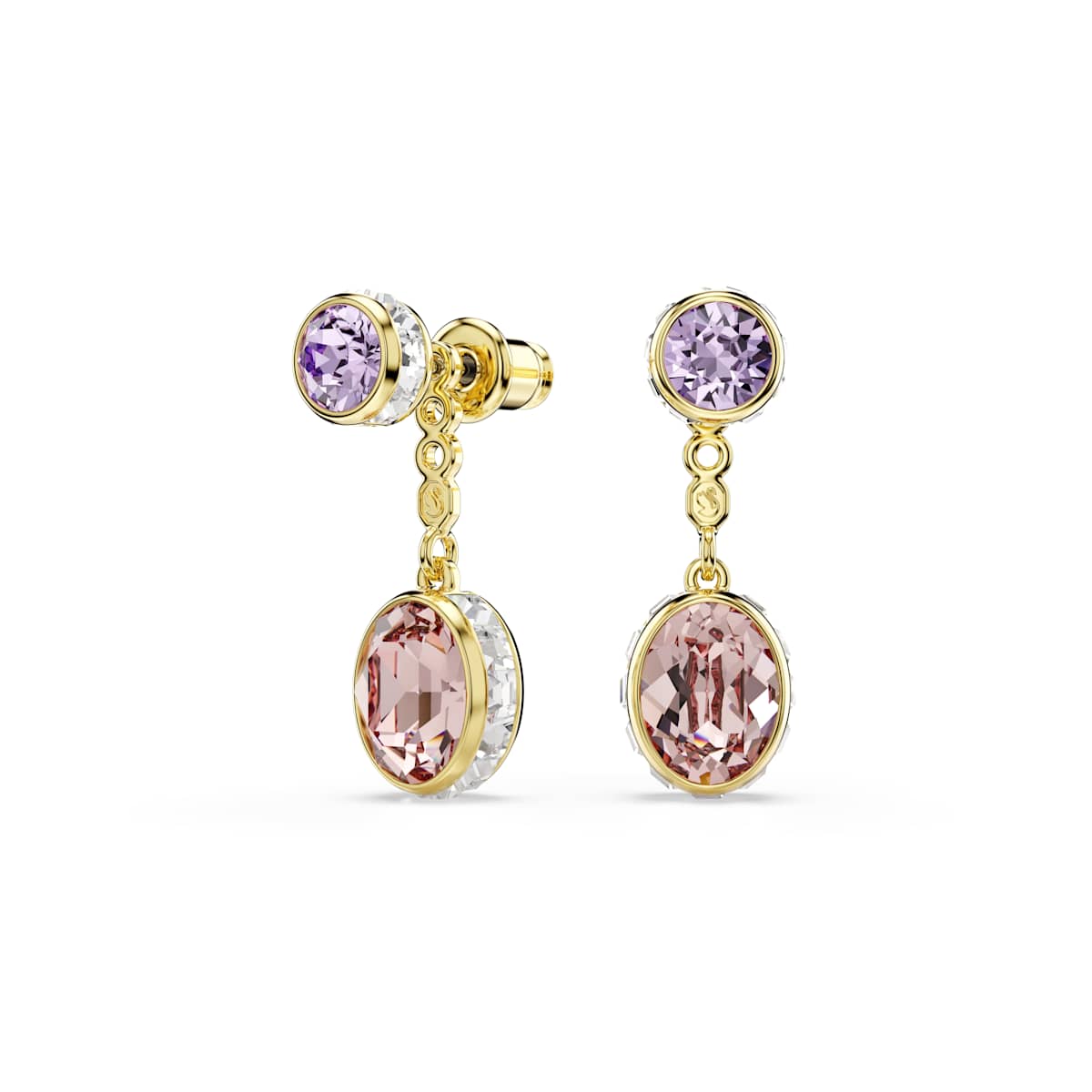 Gold tone earrings with pink and purple gemstones on a white background.