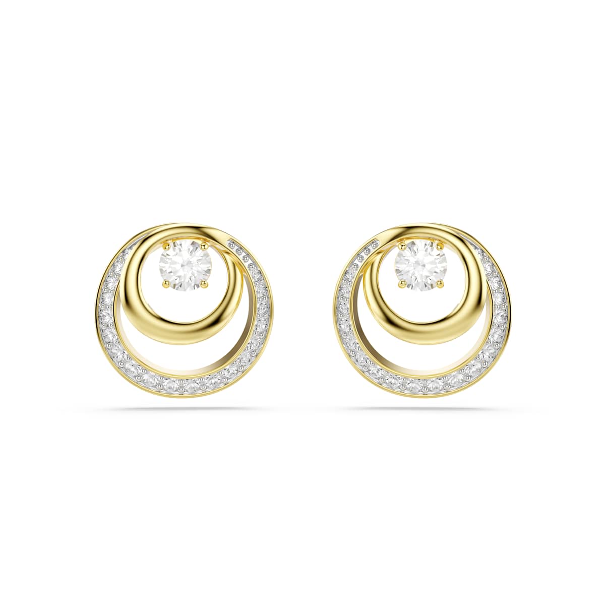 Hyperbola stud earrings, Round cut, White, Gold-tone plated