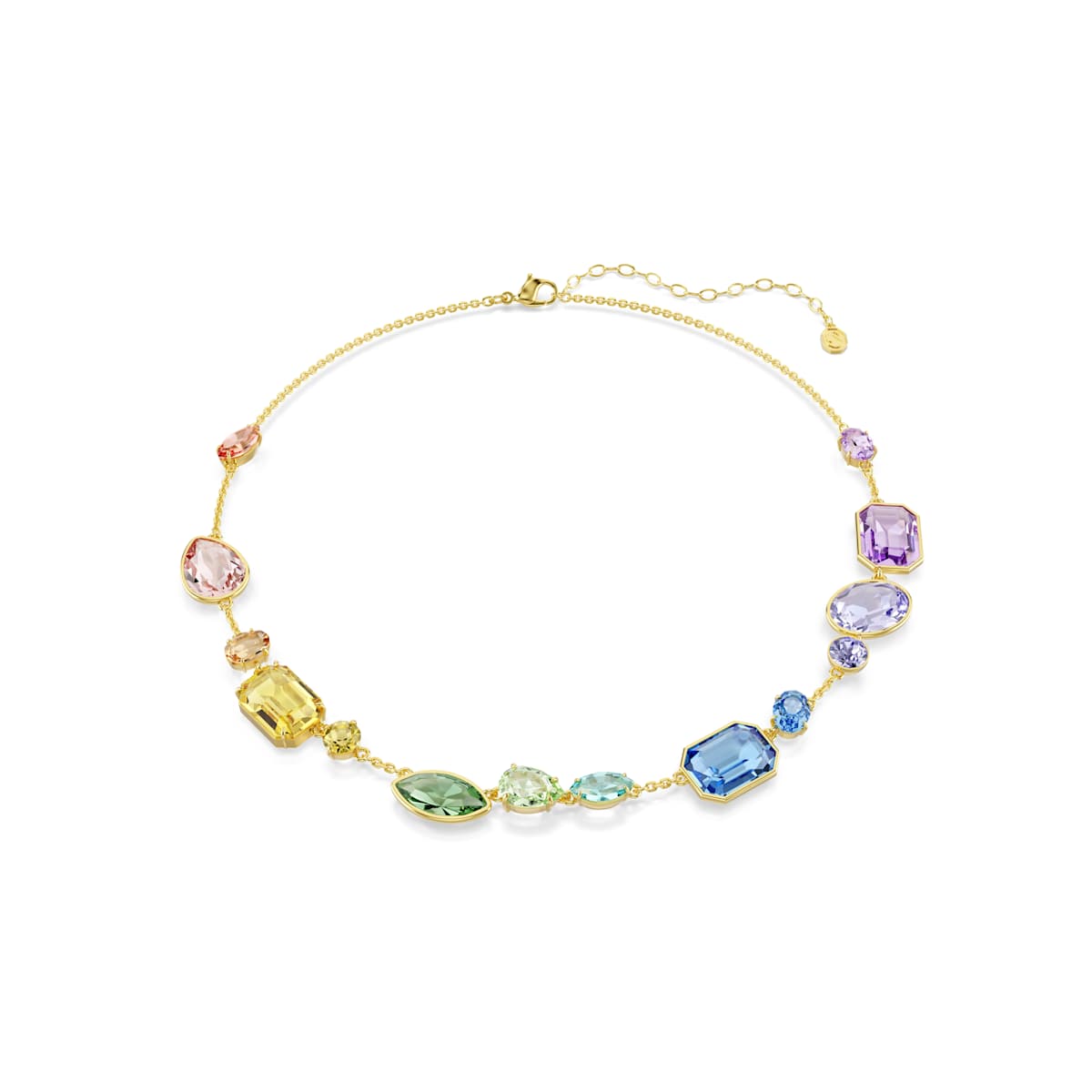 Gold plated necklace with multicolored gemstones on a white background.