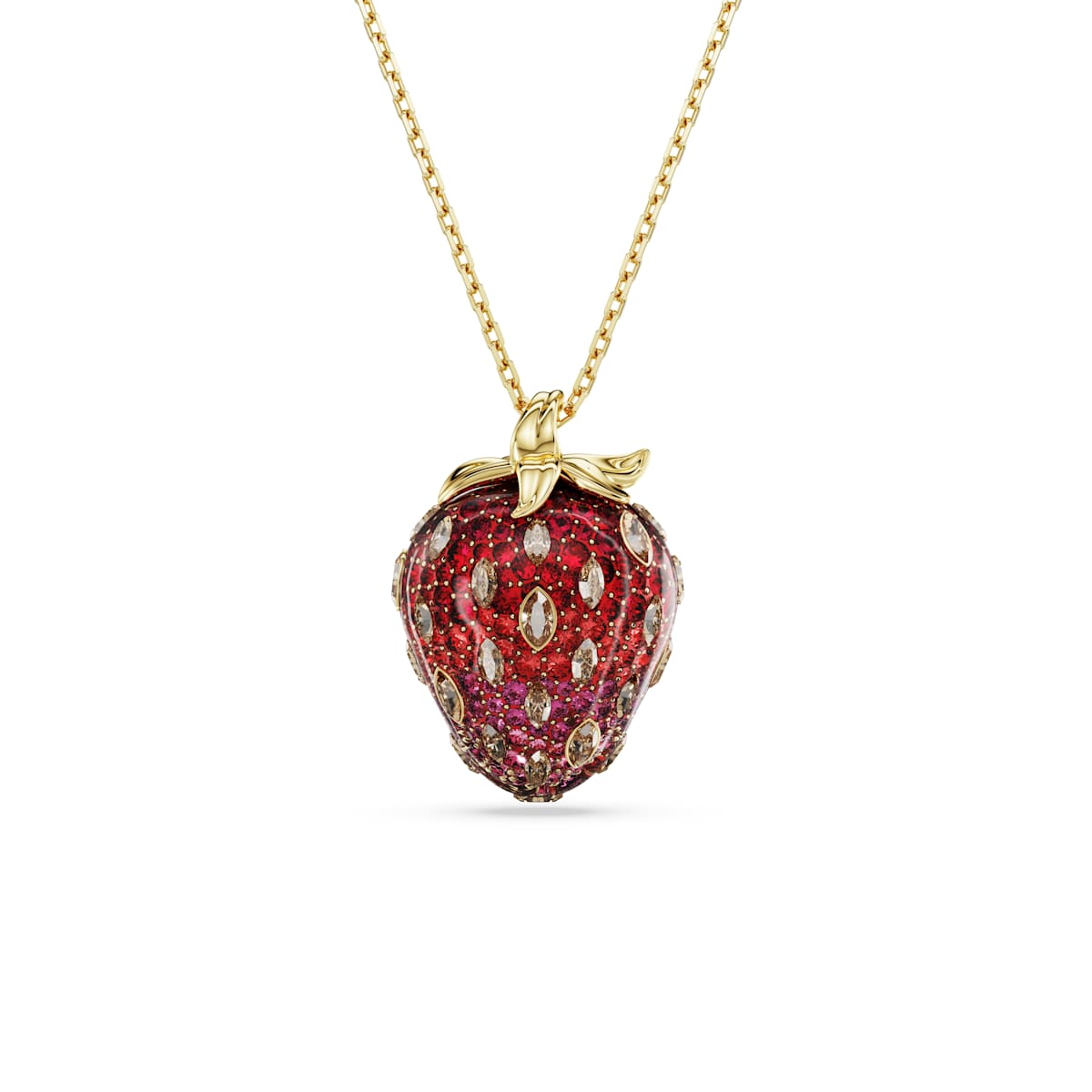 Jewelry necklace with a strawberry-shaped pendant on a white background