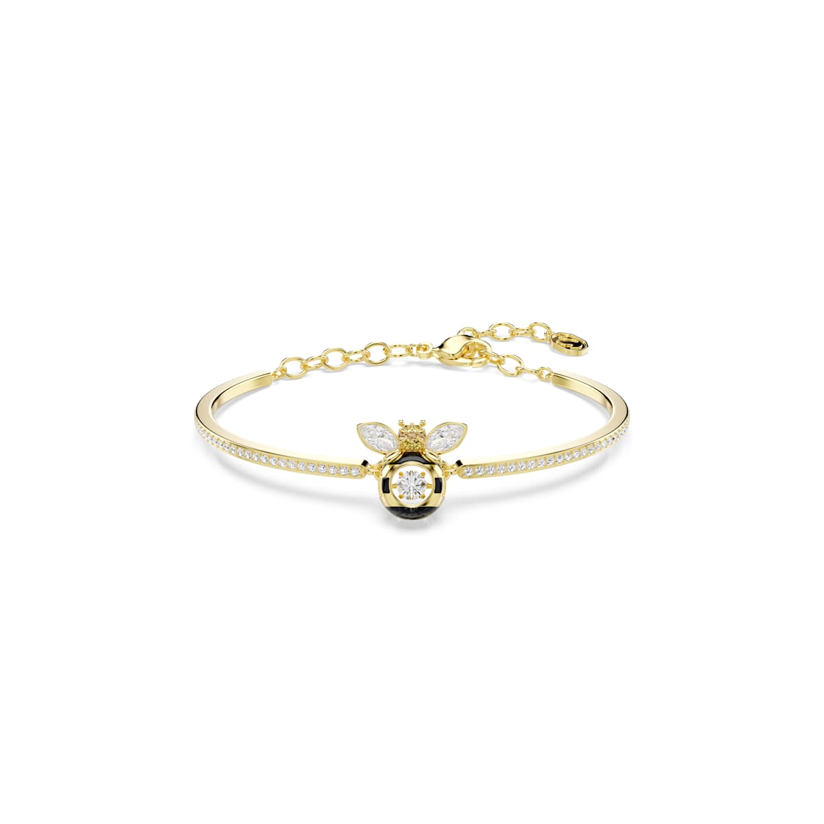 Gold bracelet with a bee-shaped clasp on a white background