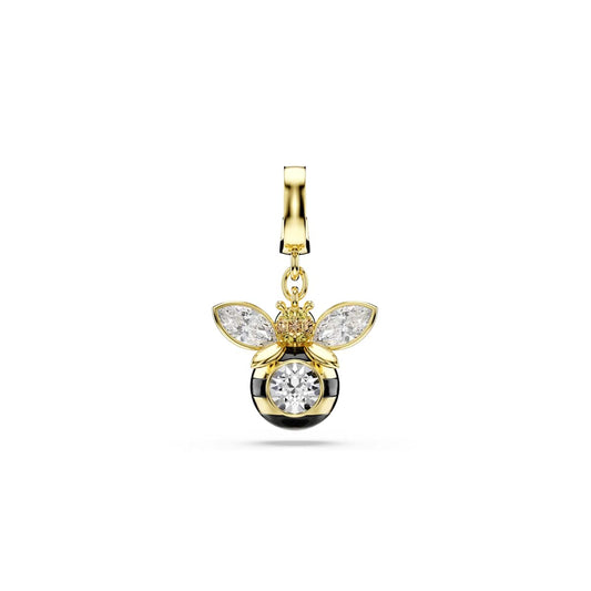 Gold tone bee-shaped pendant with gemstones on a white background