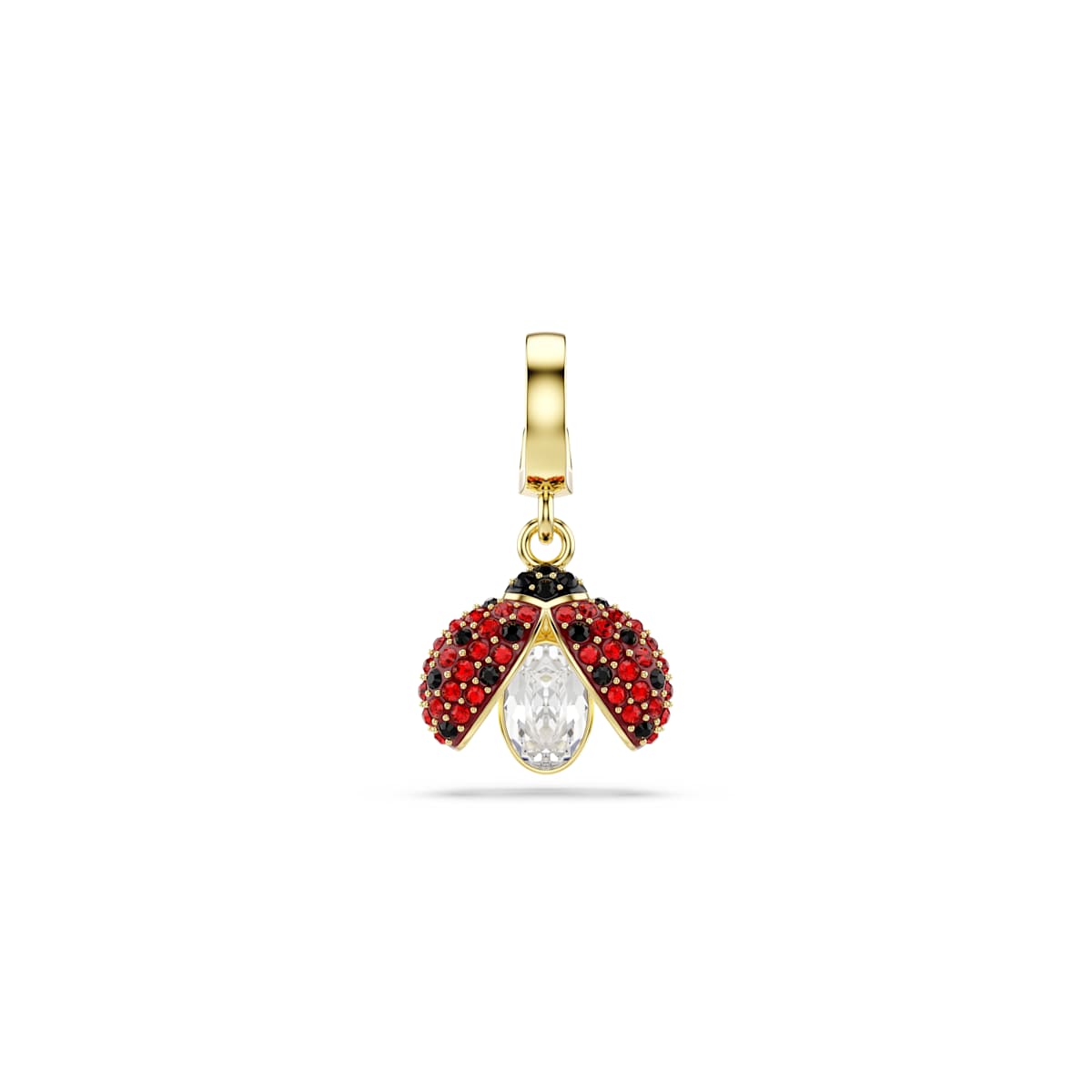 Gold tone charm with red and black gemstones on a white background
