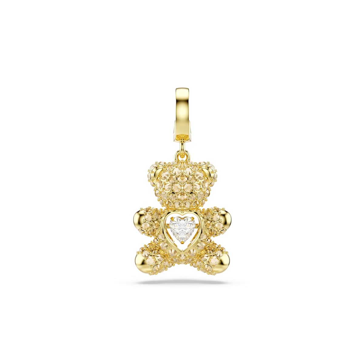 Gold tone teddy bear charm with a heart on a white background