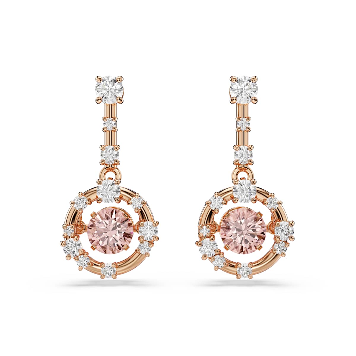Constella drop earrings, Round cut, Dancing stone, Pink, Rose gold-tone plated 5744239
