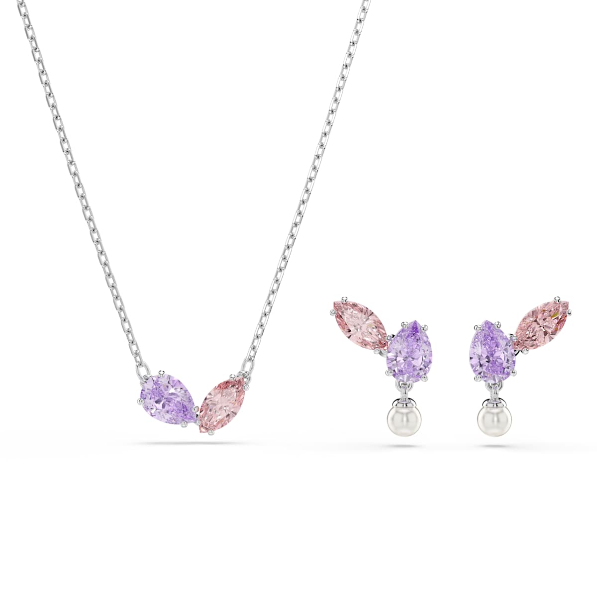 Jewelry set with necklace and earrings featuring pink and purple stones on a white background