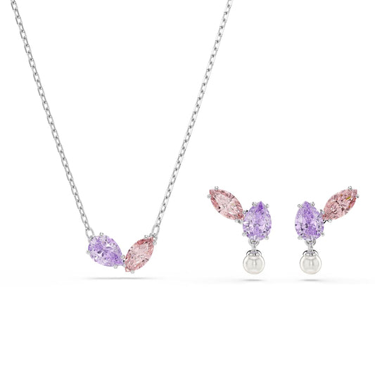 Jewelry set with necklace and earrings featuring pink and purple stones on a white background