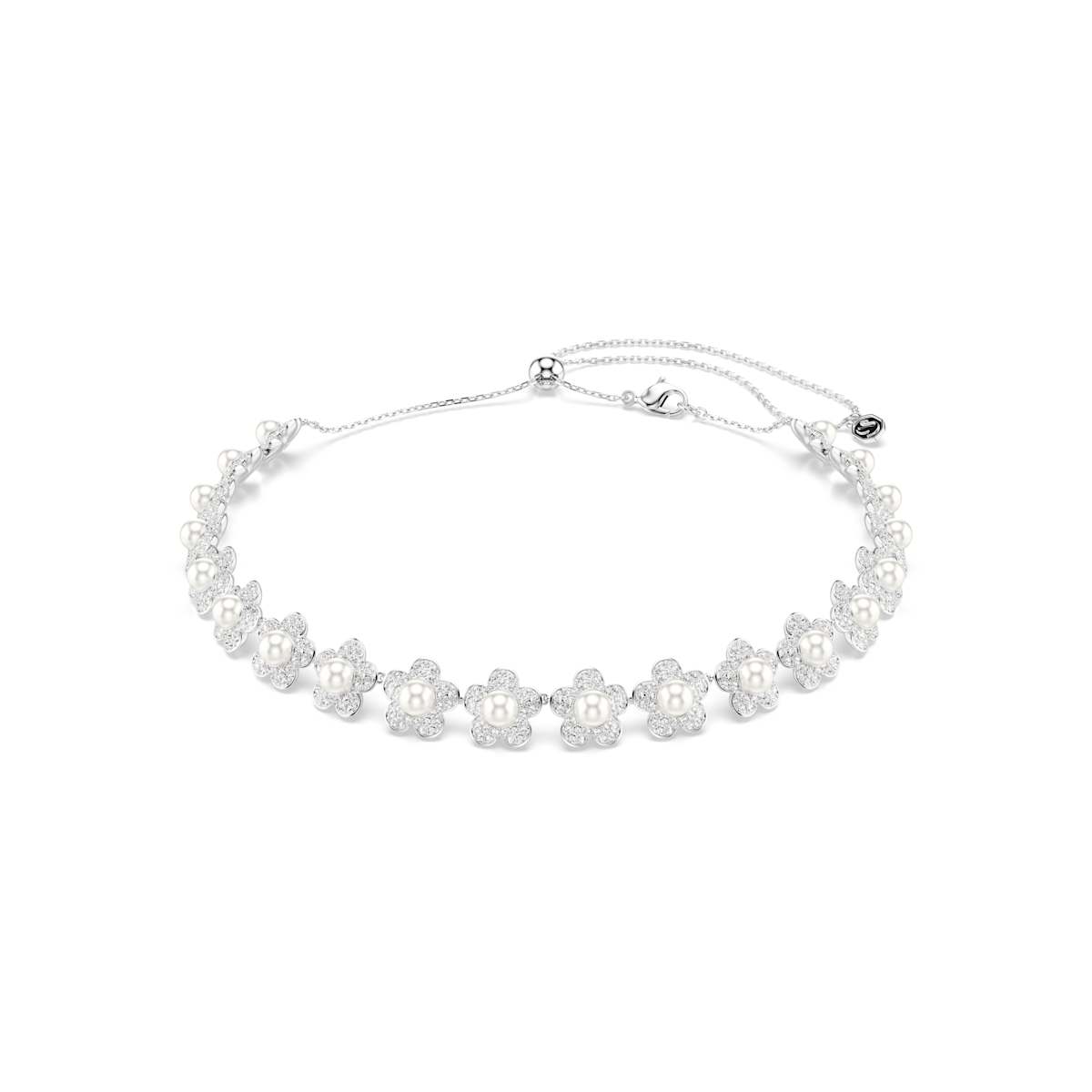 Pearl necklace with floral design on a white background