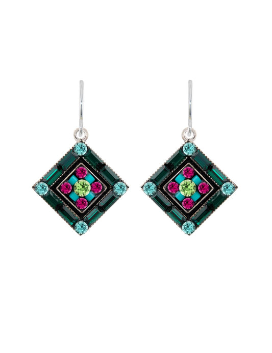 Pair of square-shaped earrings with colorful gemstones on a white background