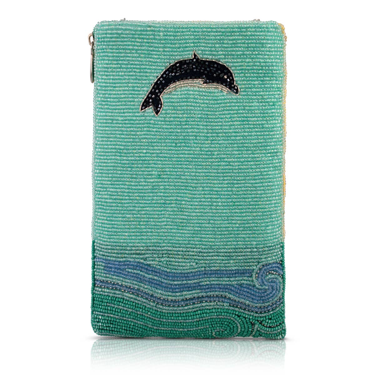 Green textured clutch with a dolphin design on a white background