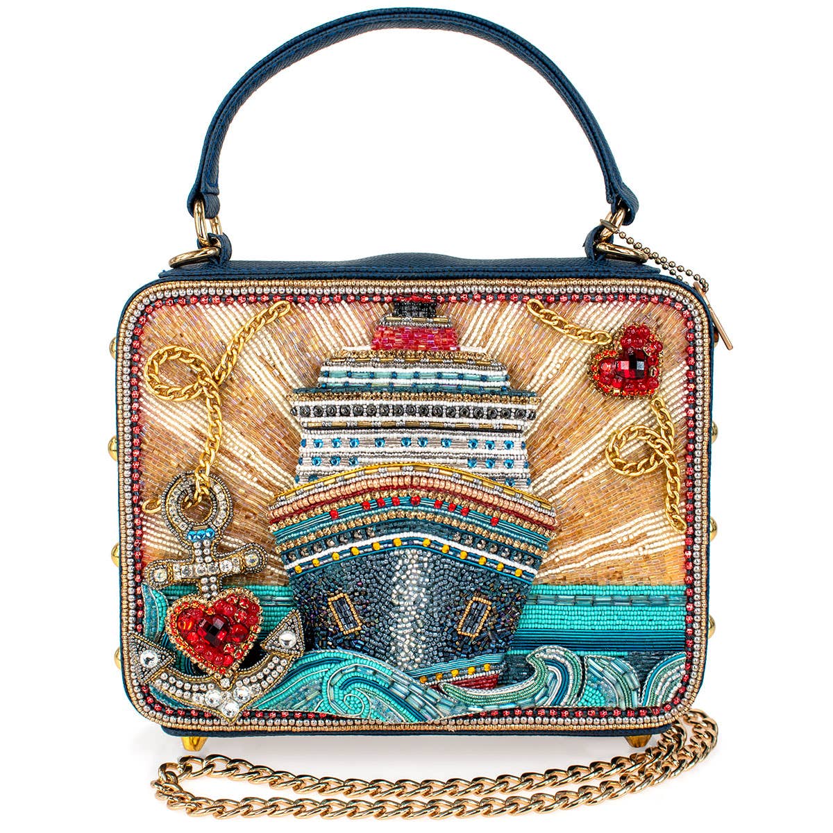 Decorative handbag with ship and anchor design on a white background