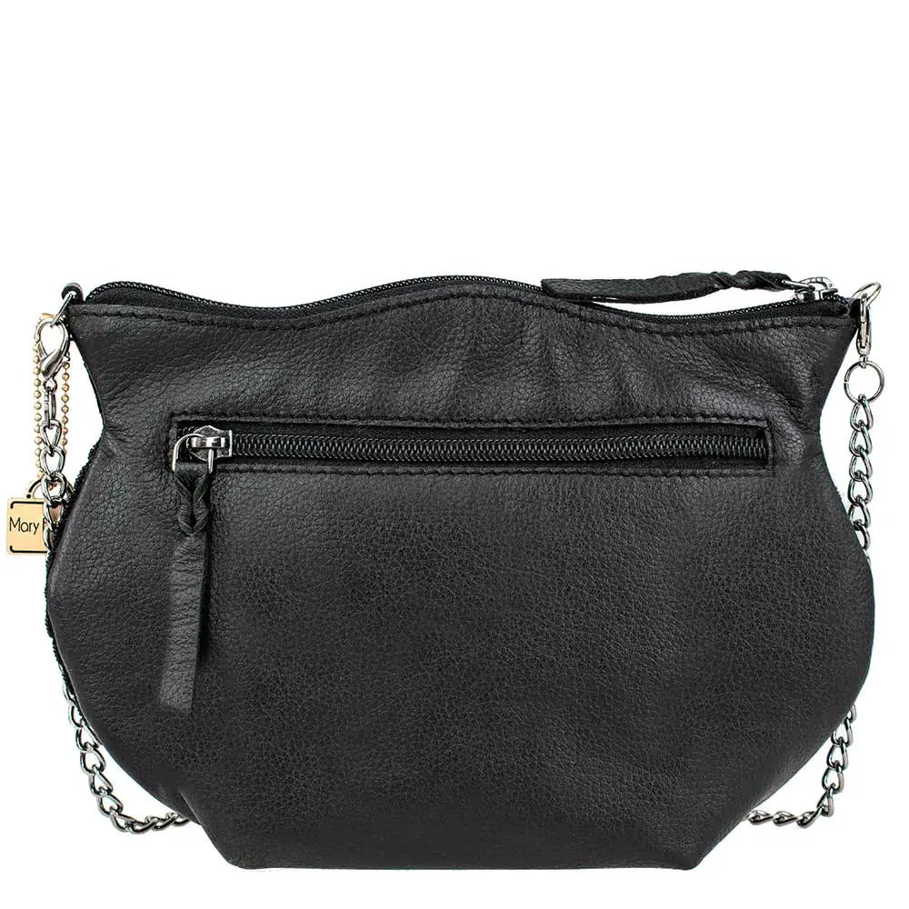 Black leather handbag with chain strap on a white background