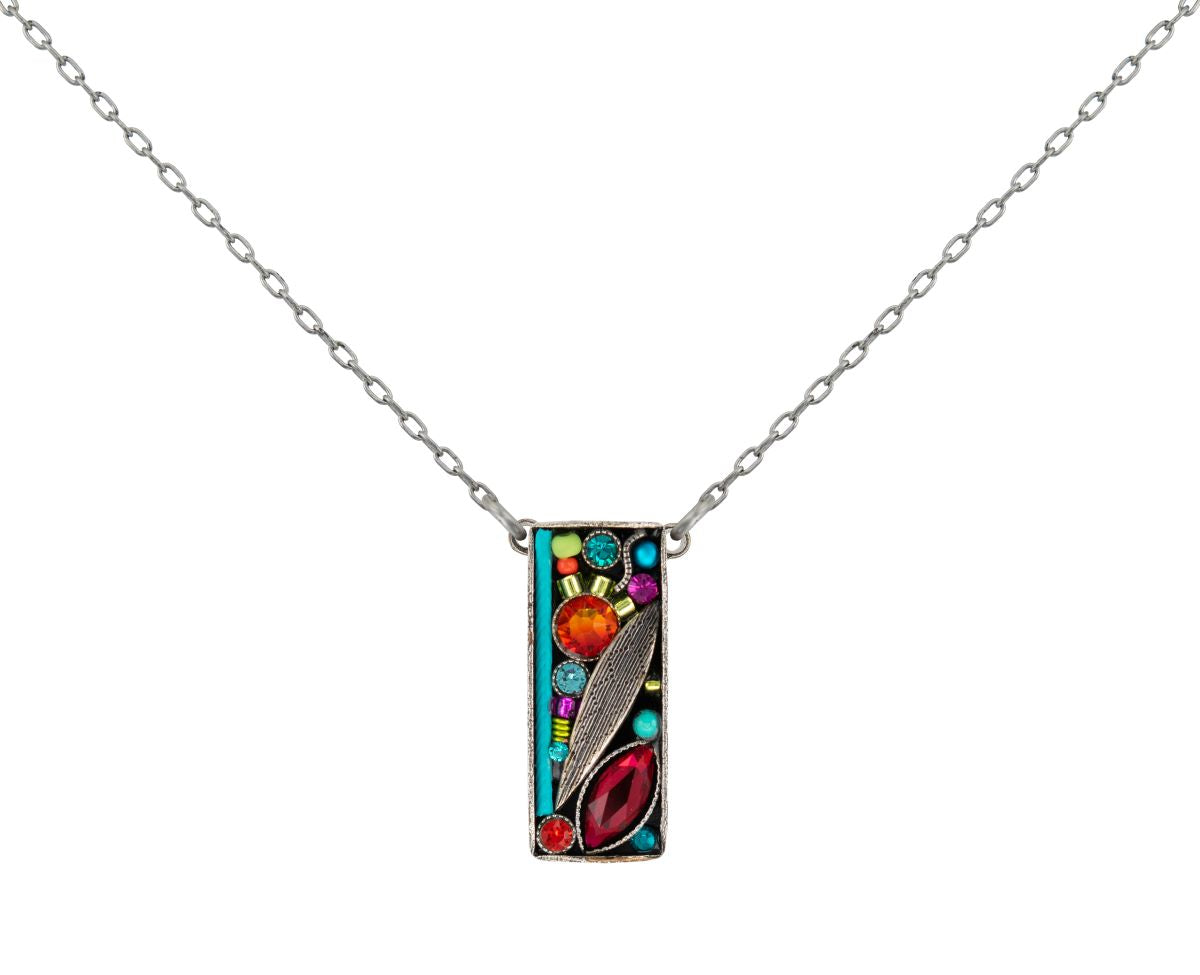 Necklace with a colorful pendant featuring feathers and gemstones on a white background