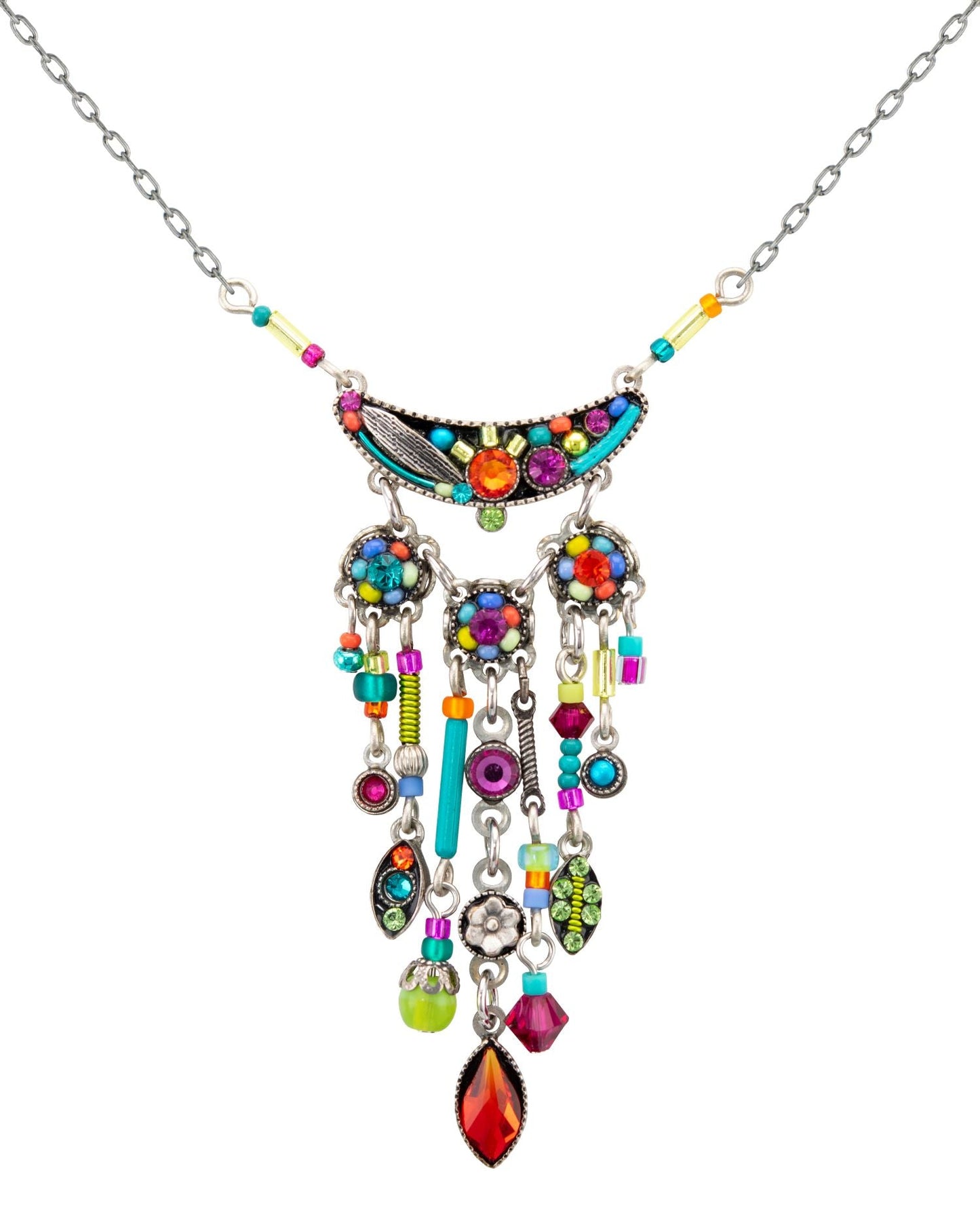 Colorful beaded necklace with various charms on a white background
