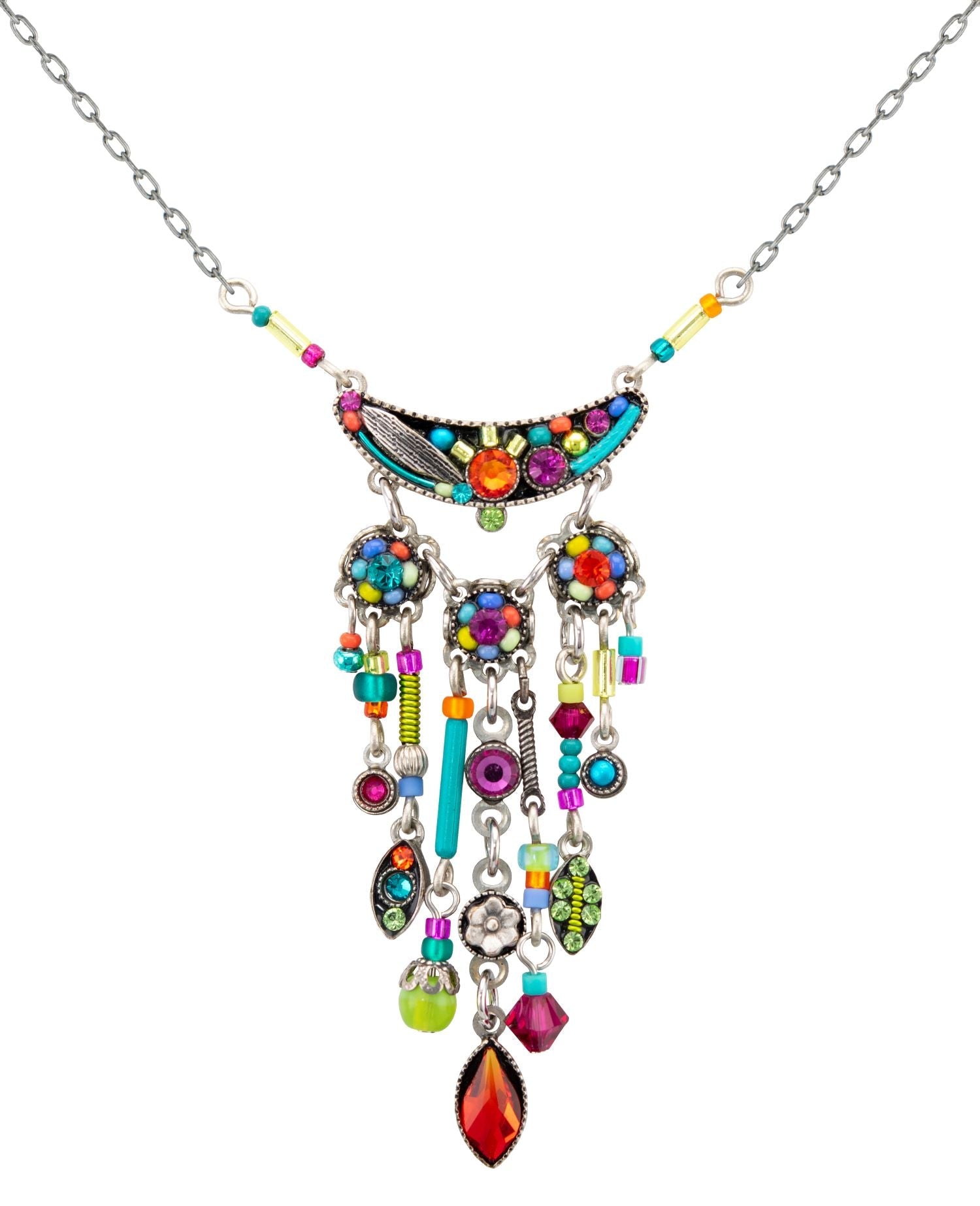 Colorful beaded necklace with various charms on a white background