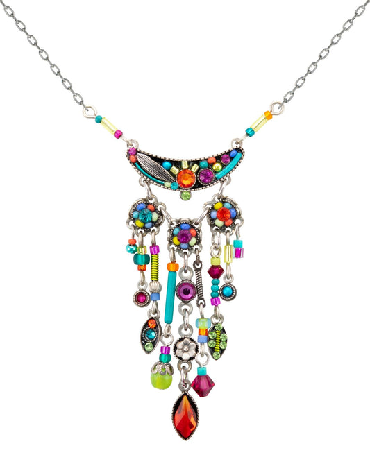 Colorful beaded necklace with various charms on a white background
