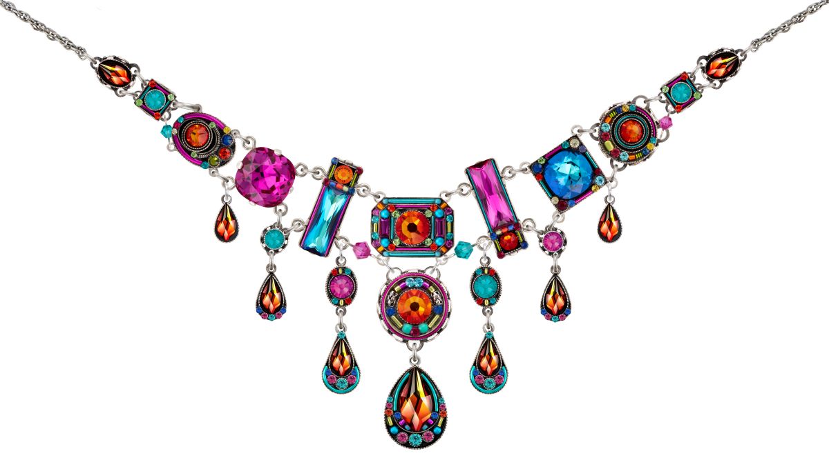 Multicolored necklace with gemstone-like beads on a white background