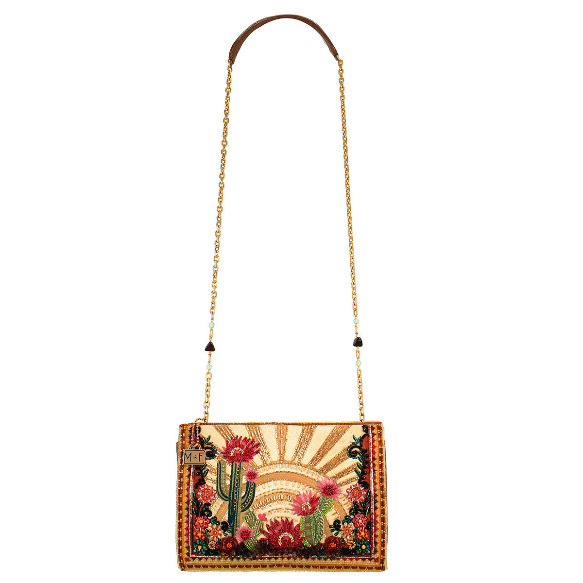 Decorative handbag with floral and cactus design on a white background